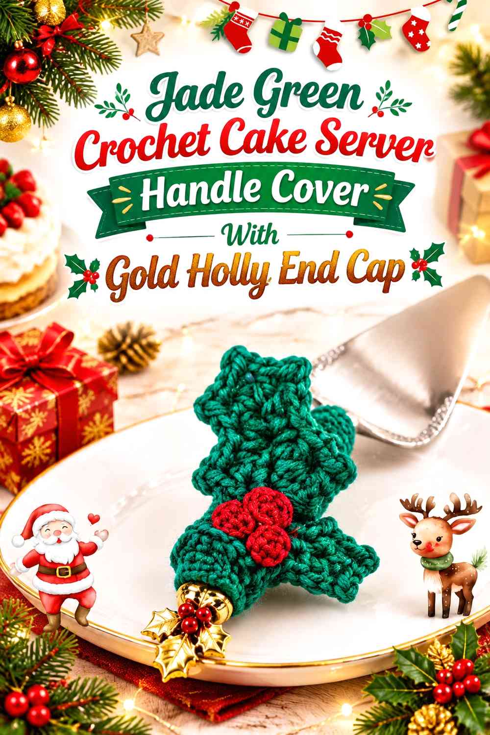 Jade Green Crochet Cake Server Handle Cover With Gold Holly End Cap