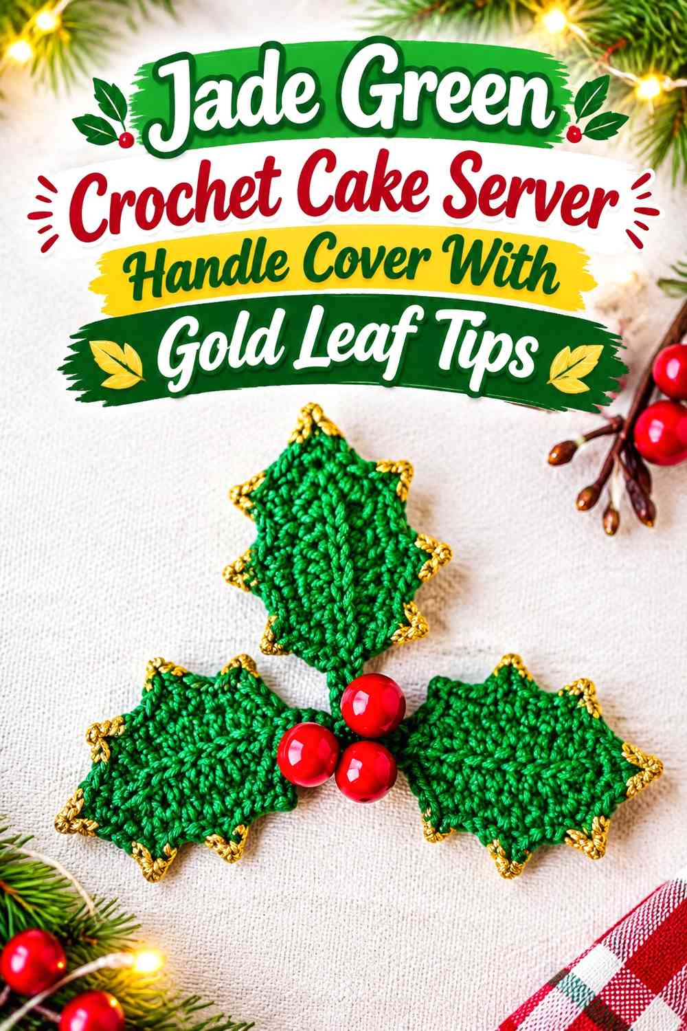 Jade Green Crochet Cake Server Handle Cover With Gold Leaf Tips
