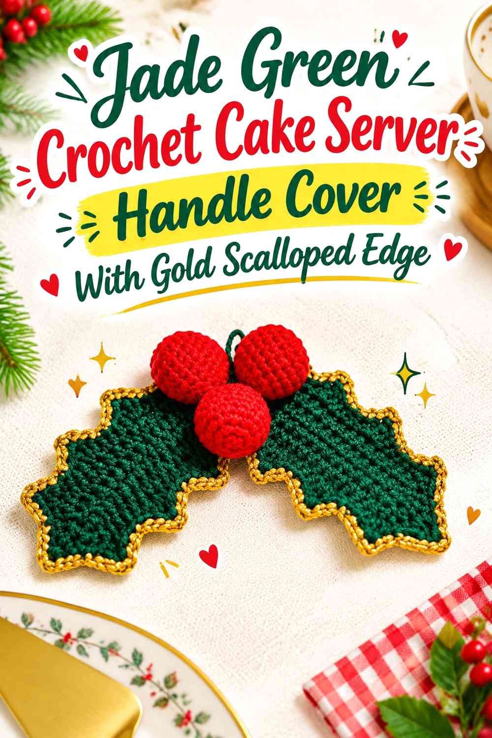 Jade Green Crochet Cake Server Handle Cover With Gold Scalloped Edge