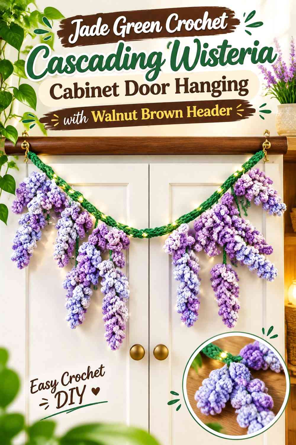 Jade Green Crochet Cascading Wisteria Cabinet Door Hanging with Walnut Brown Header