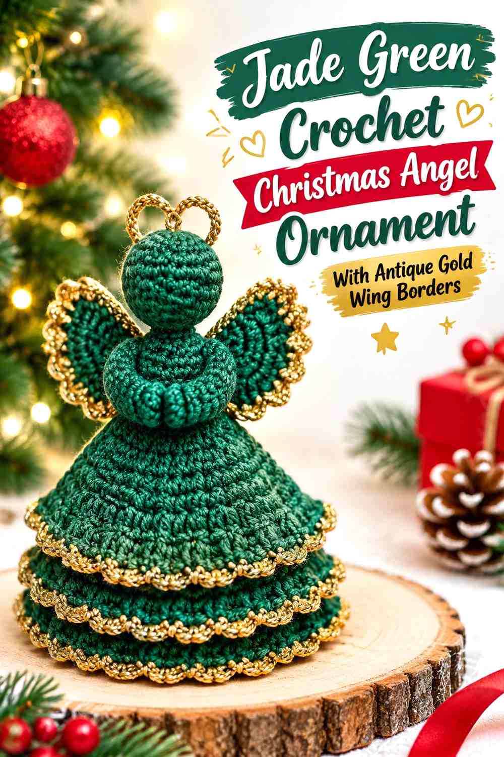 Jade Green Crochet Christmas Angel Ornament With Antique Gold Wing Borders