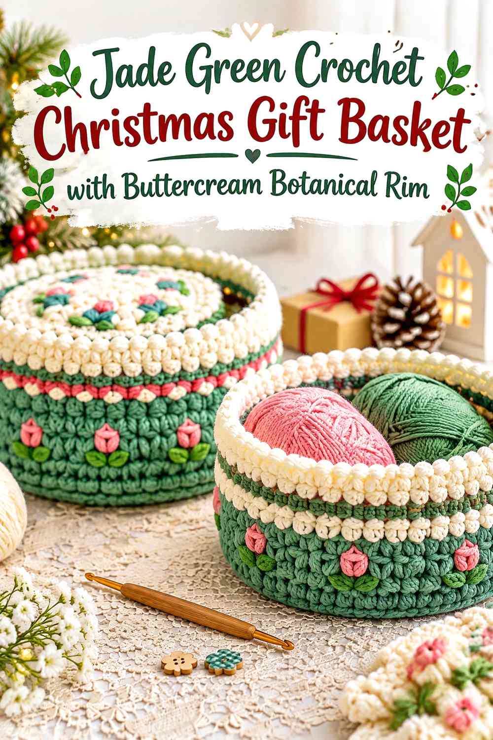 Jade Green Crochet Christmas Gift Basket with Buttercream Botanical Rim