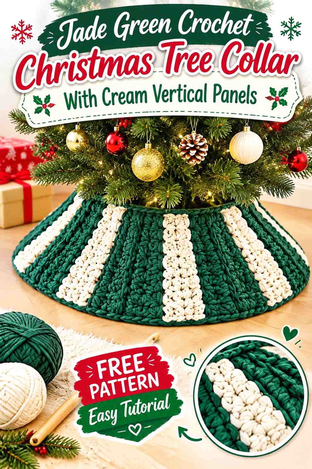Jade Green Crochet Christmas Tree Collar With Cream Vertical Panels