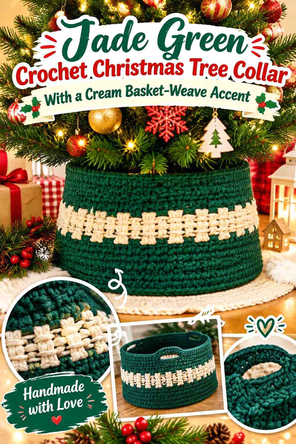 Jade Green Crochet Christmas Tree Collar With a Cream Basket-Weave Accent