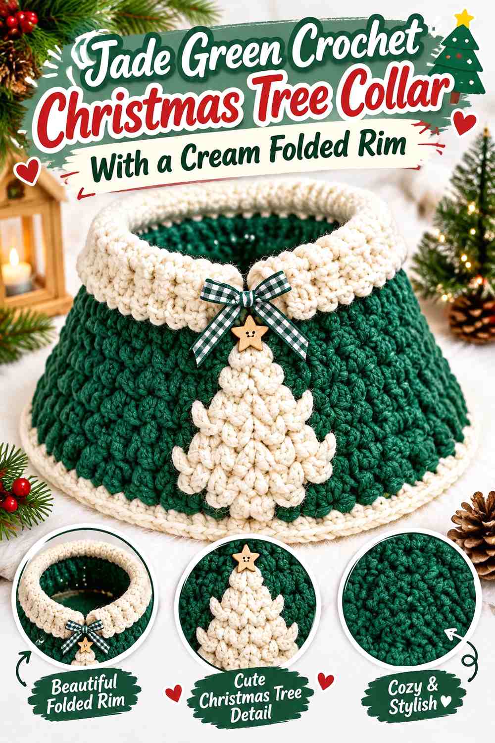 Jade Green Crochet Christmas Tree Collar With a Cream Folded Rim