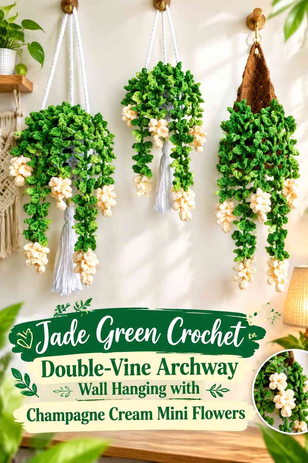 Jade Green Crochet Double-Vine Archway Wall Hanging with Champagne Cream Mini Flowers