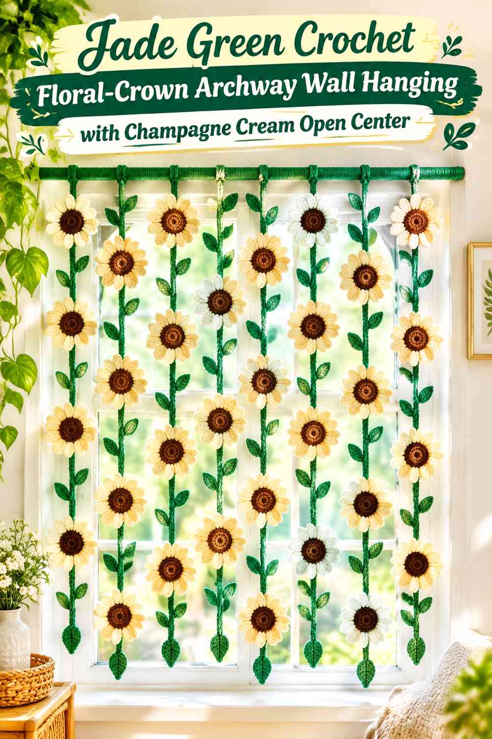 Jade Green Crochet Floral-Crown Archway Wall Hanging with Champagne Cream Open Center