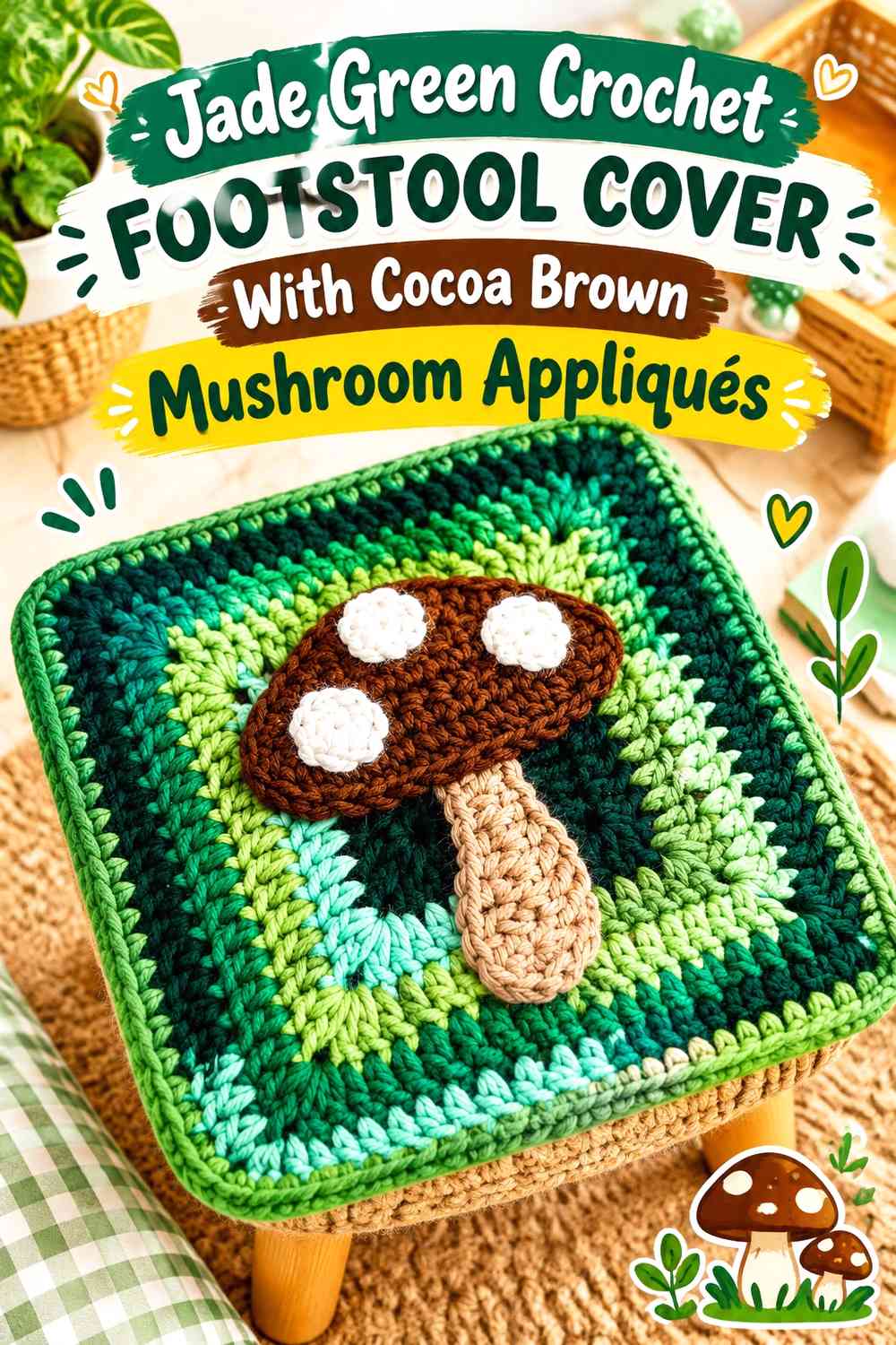 Jade Green Crochet Footstool Cover With Cocoa Brown Mushroom Appliqués