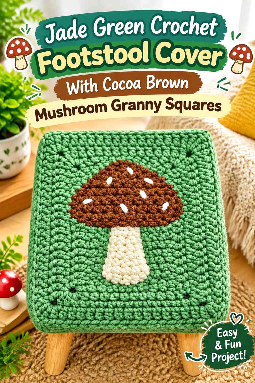 Jade Green Crochet Footstool Cover With Cocoa Brown Mushroom Granny Squares