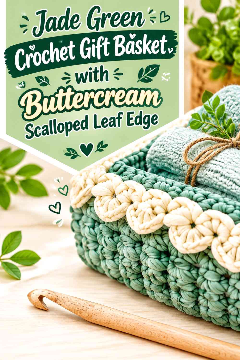 Jade Green Crochet Gift Basket with Buttercream Scalloped Leaf Edge