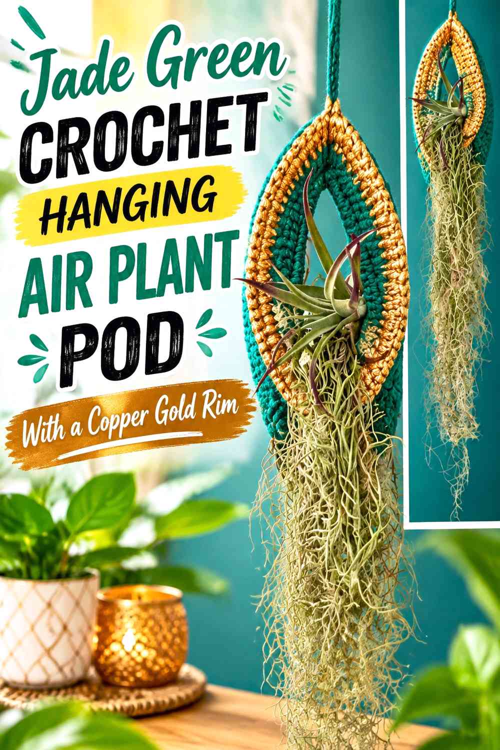 Jade Green Crochet Hanging Air Plant Pod With a Copper Gold Rim