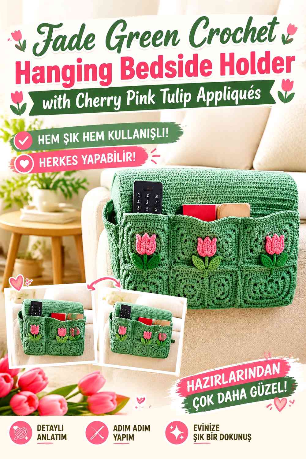 Jade Green Crochet Hanging Bedside Holder with Cherry Pink Tulip Appliqués