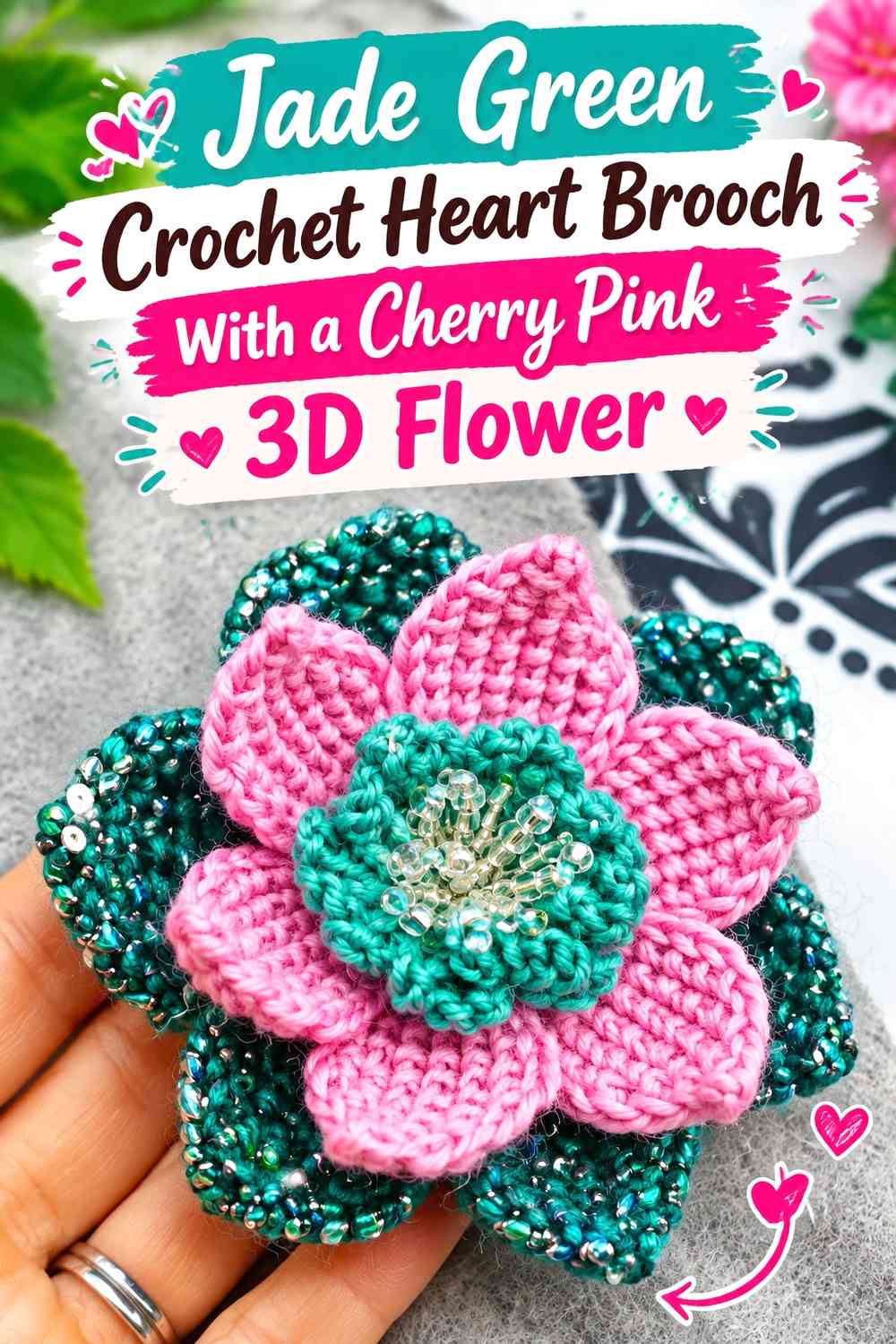 Jade Green Crochet Heart Brooch With a Cherry Pink 3D Flower