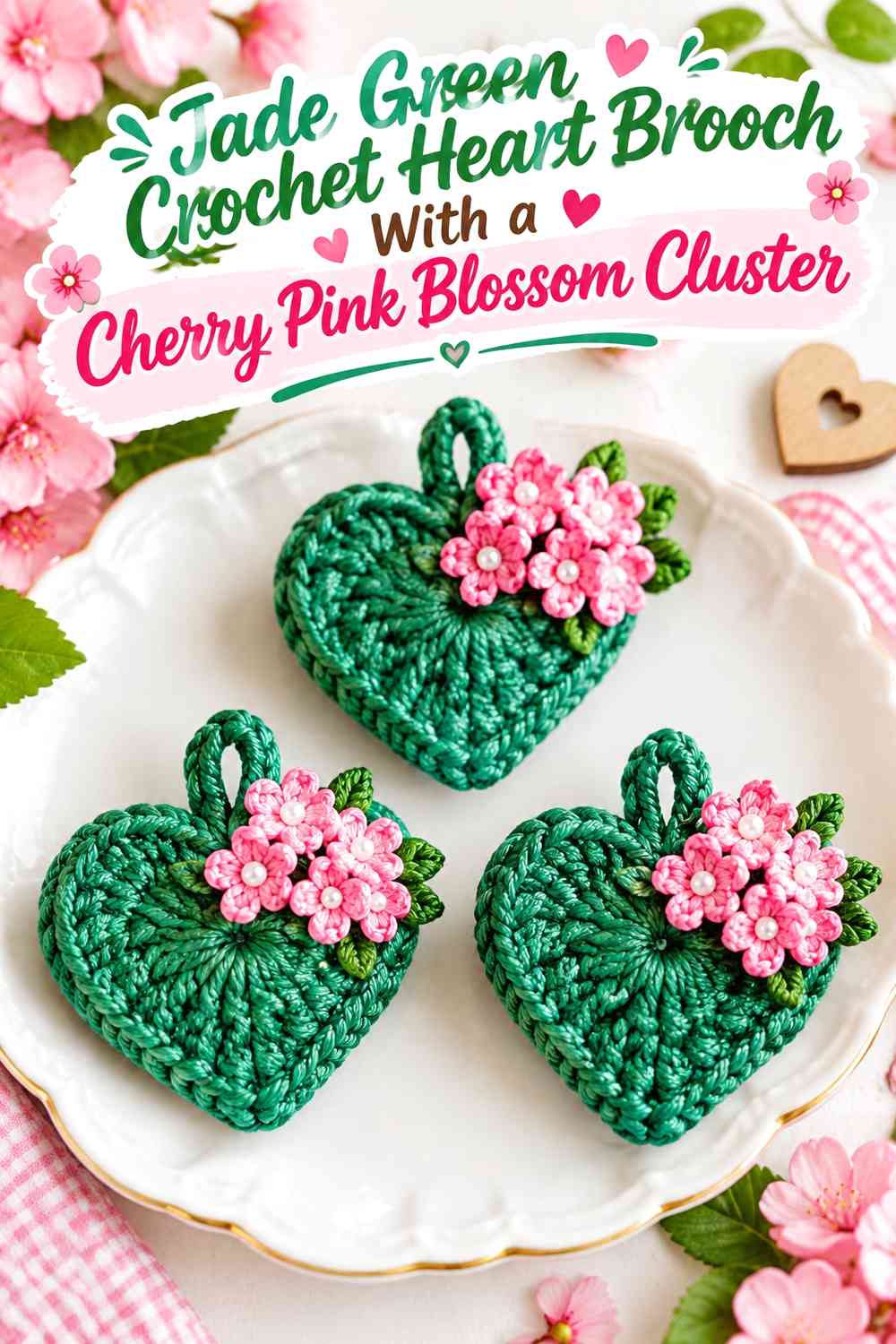 Jade Green Crochet Heart Brooch With a Cherry Pink Blossom Cluster