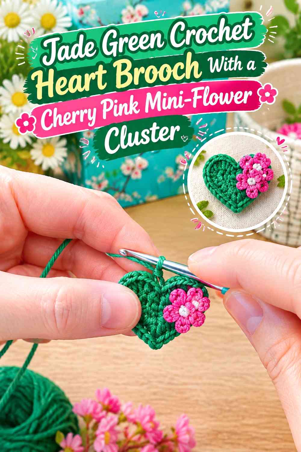 Jade Green Crochet Heart Brooch With a Cherry Pink Mini-Flower Cluster