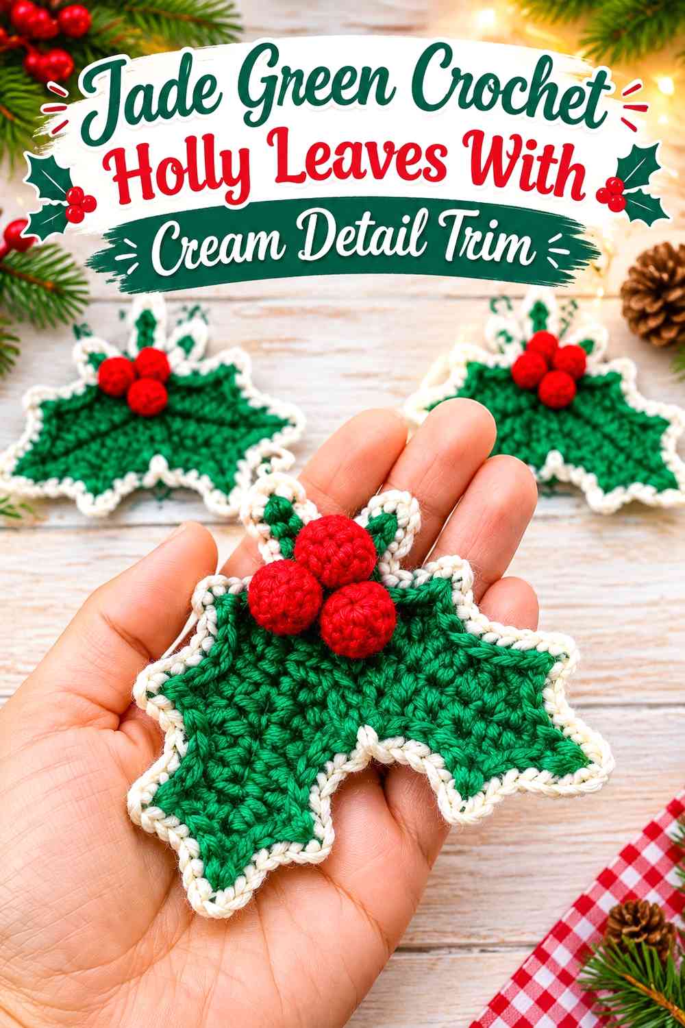 Jade Green Crochet Holly Leaves With Cream Detail Trim