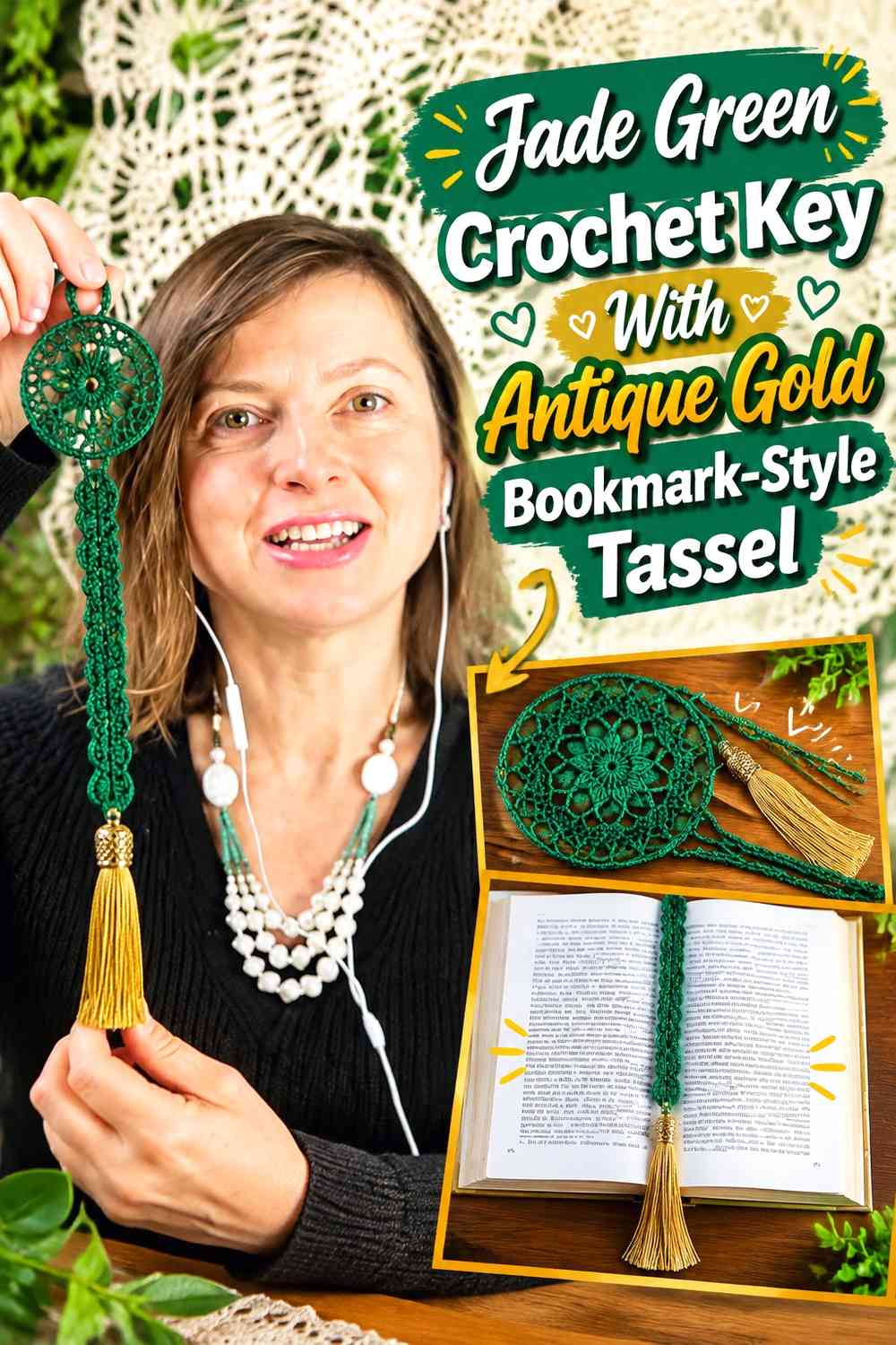 Jade Green Crochet Key With Antique Gold Bookmark-Style Tassel