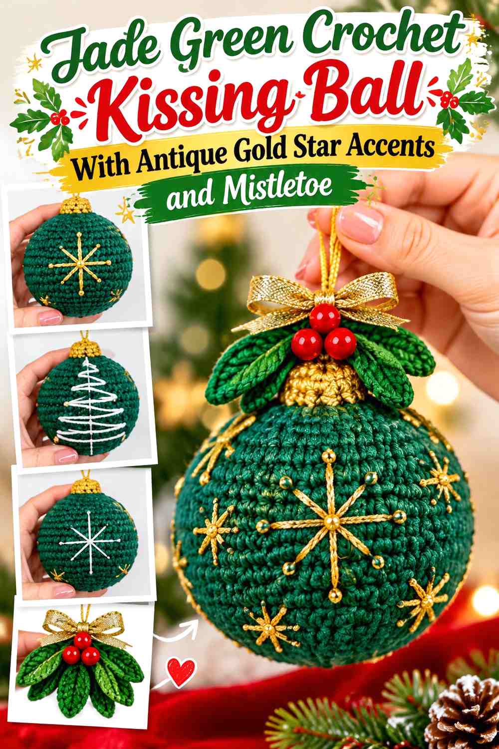 Jade Green Crochet Kissing Ball With Antique Gold Star Accents and Mistletoe