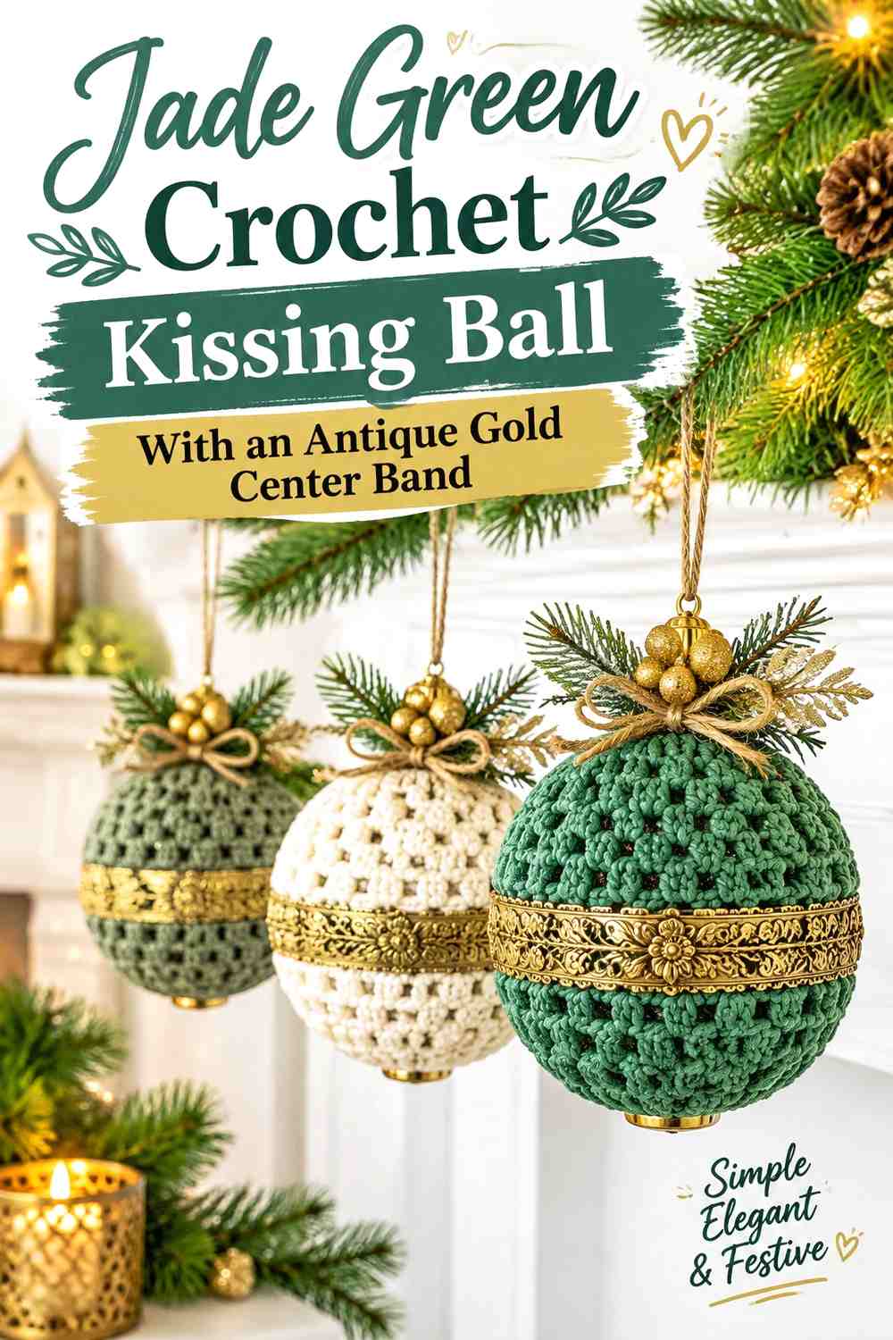 Jade Green Crochet Kissing Ball With an Antique Gold Center Band