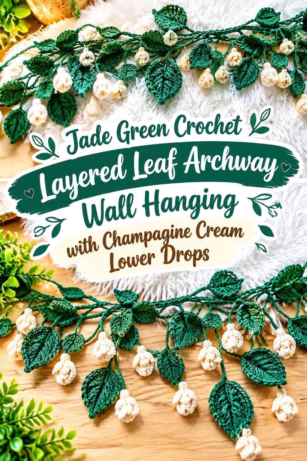 Jade Green Crochet Layered Leaf Archway Wall Hanging with Champagne Cream Lower Drops