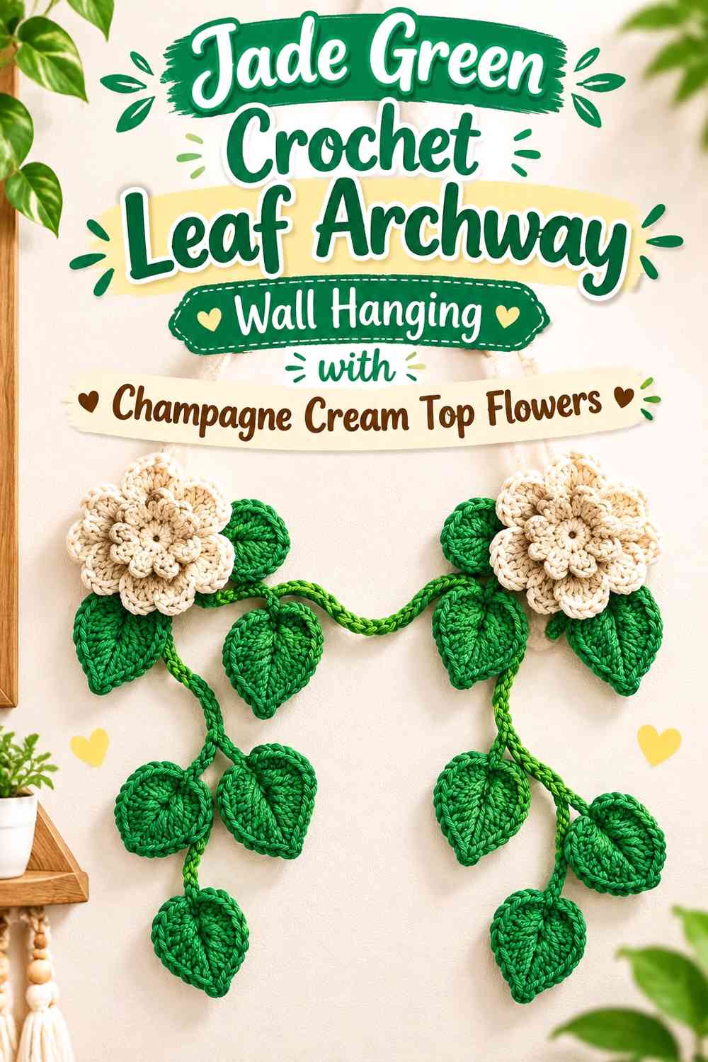 Jade Green Crochet Leaf Archway Wall Hanging with Champagne Cream Top Flowers