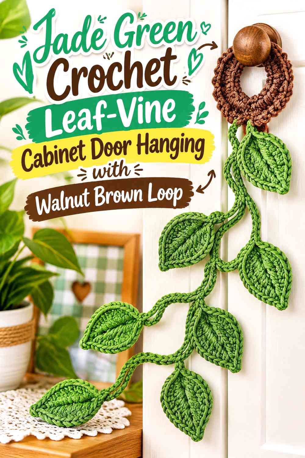 Jade Green Crochet Leaf-Vine Cabinet Door Hanging with Walnut Brown Loop