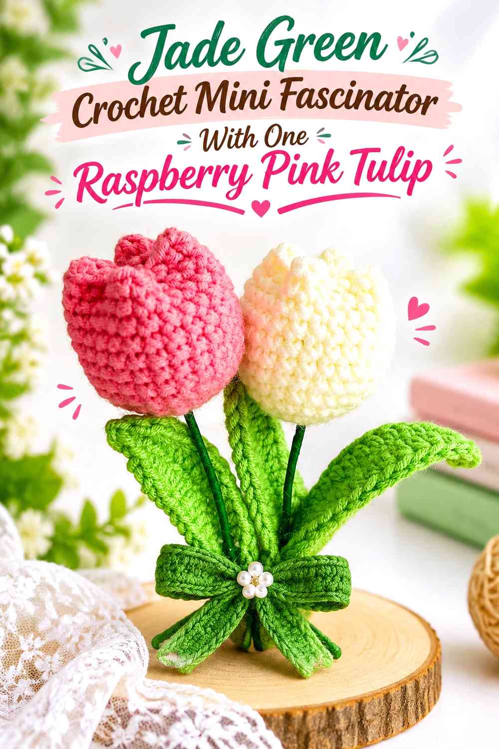 Jade Green Crochet Mini Fascinator With One Raspberry Pink Tulip