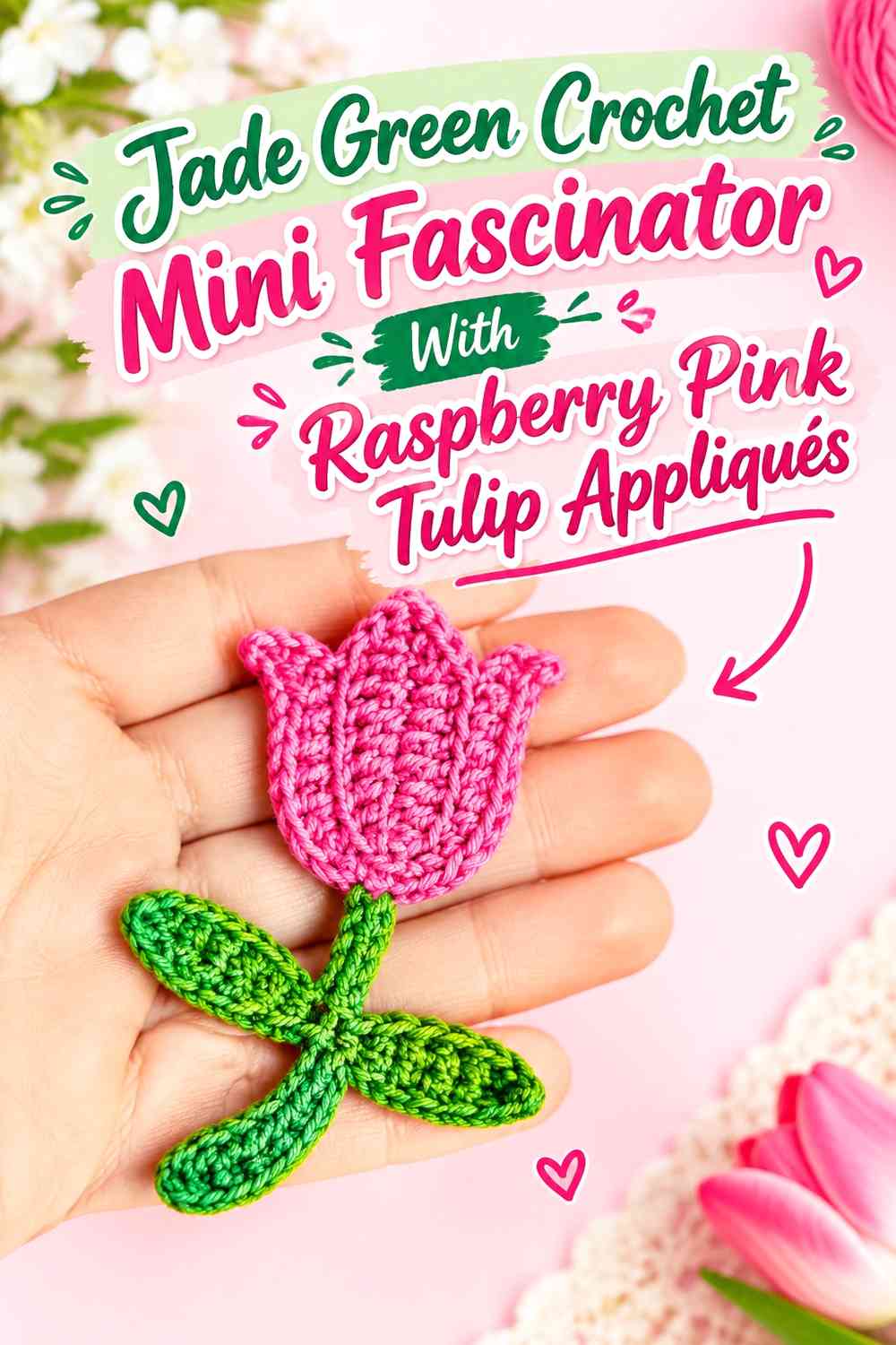 Jade Green Crochet Mini Fascinator With Raspberry Pink Tulip Appliqués