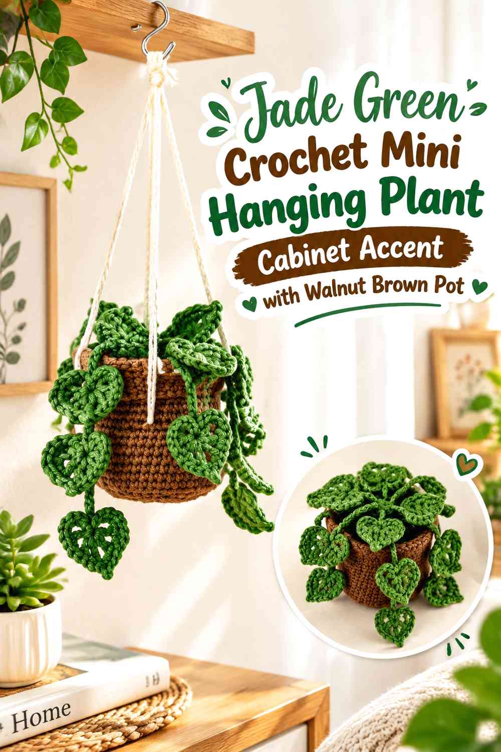 Jade Green Crochet Mini Hanging Plant Cabinet Accent with Walnut Brown Pot
