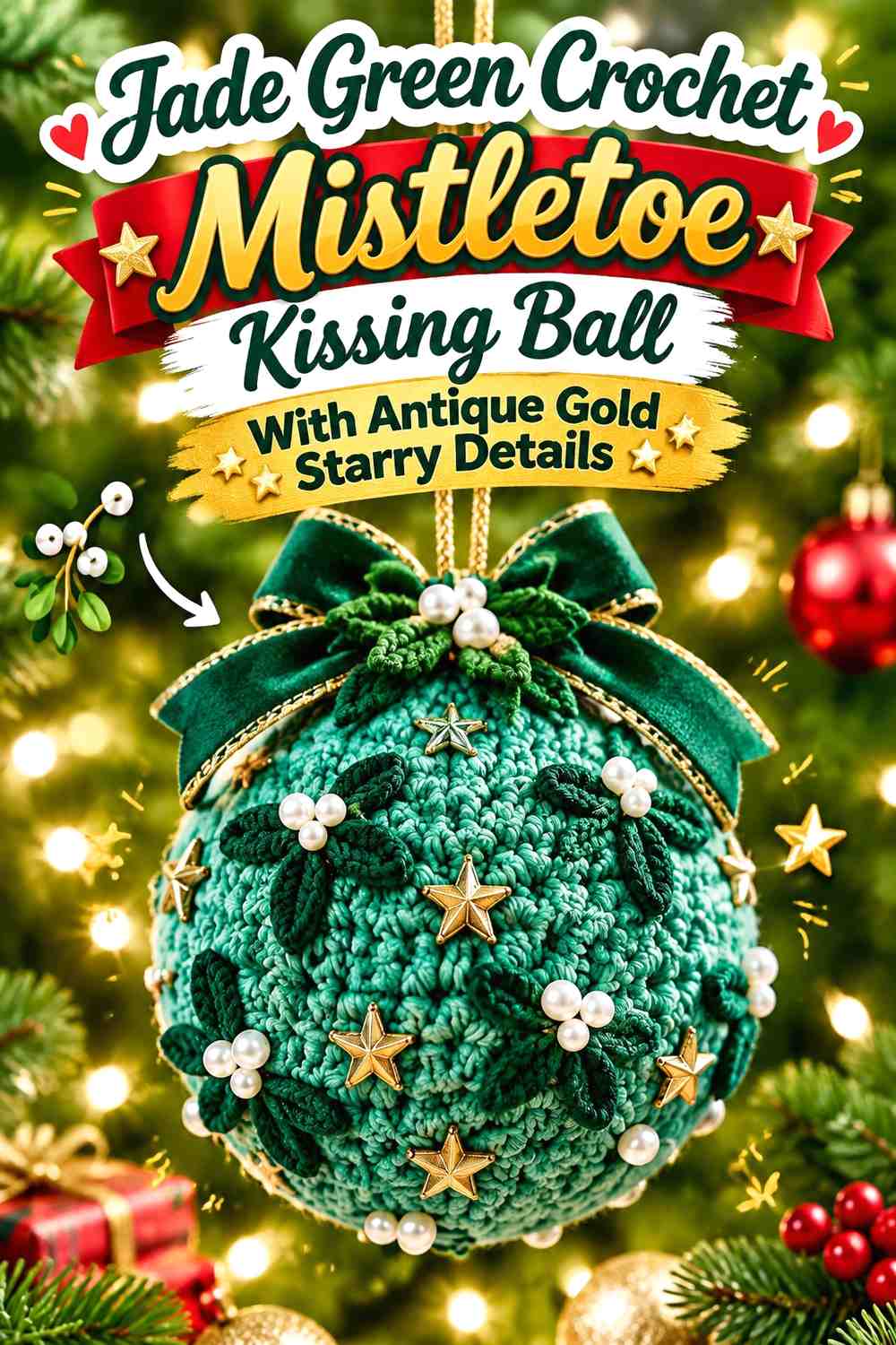 Jade Green Crochet Mistletoe Kissing Ball With Antique Gold Starry Details