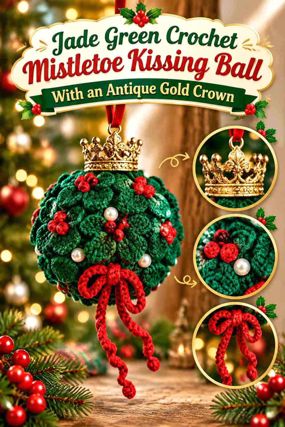 Jade Green Crochet Mistletoe Kissing Ball With an Antique Gold Crown