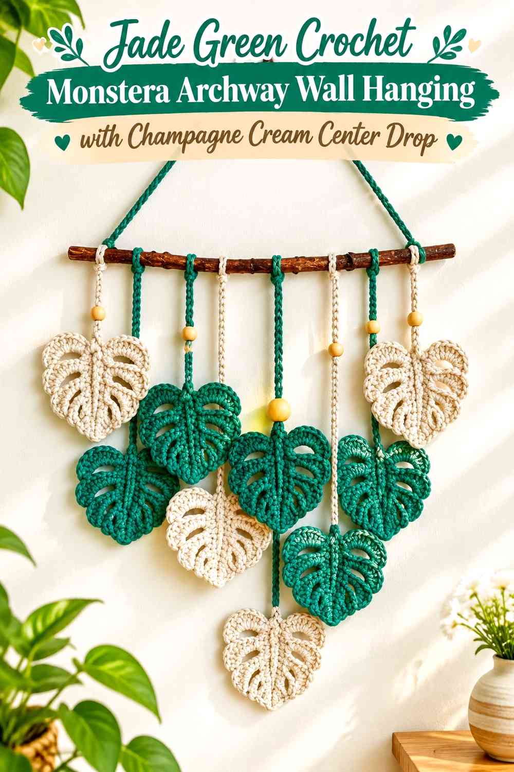 Jade Green Crochet Monstera Archway Wall Hanging with Champagne Cream Center Drop
