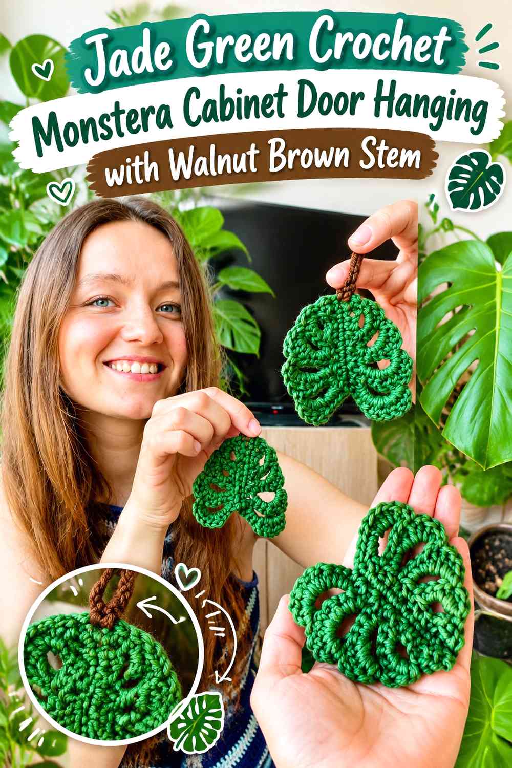 Jade Green Crochet Monstera Cabinet Door Hanging with Walnut Brown Stem