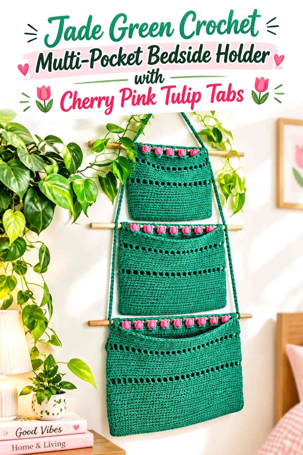 Jade Green Crochet Multi-Pocket Bedside Holder with Cherry Pink Tulip Tabs