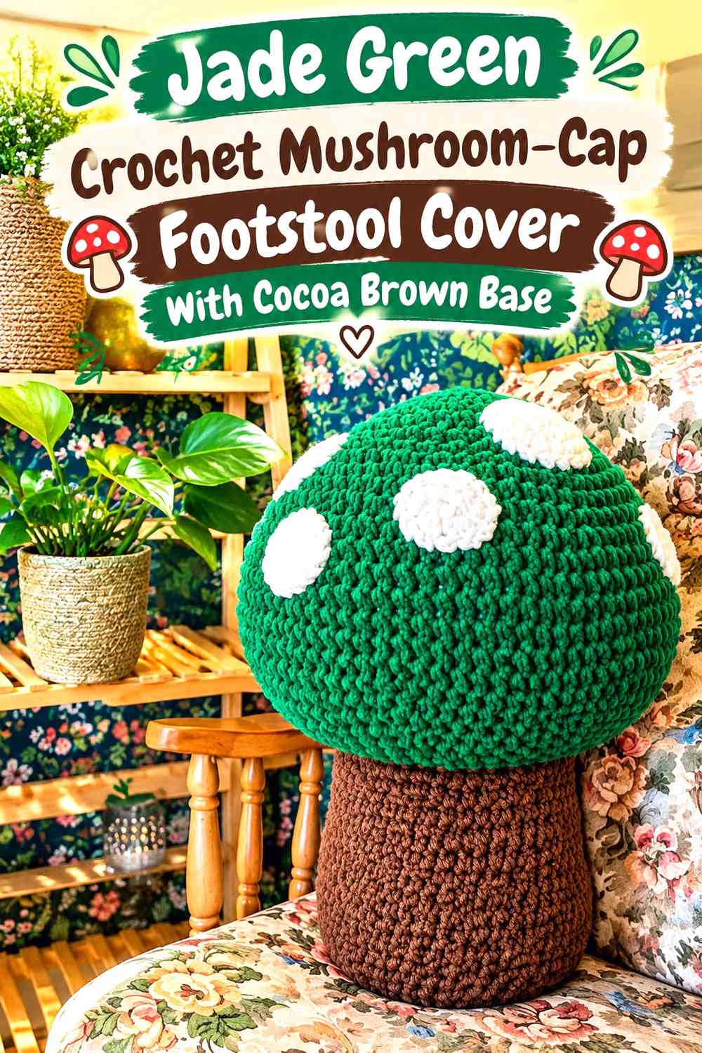 Jade Green Crochet Mushroom-Cap Footstool Cover With Cocoa Brown Base