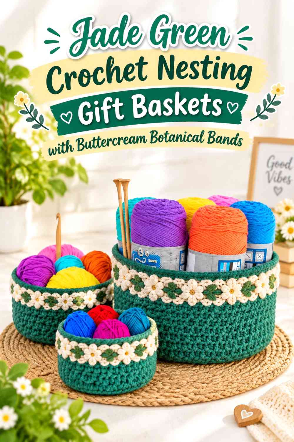 Jade Green Crochet Nesting Gift Baskets with Buttercream Botanical Bands