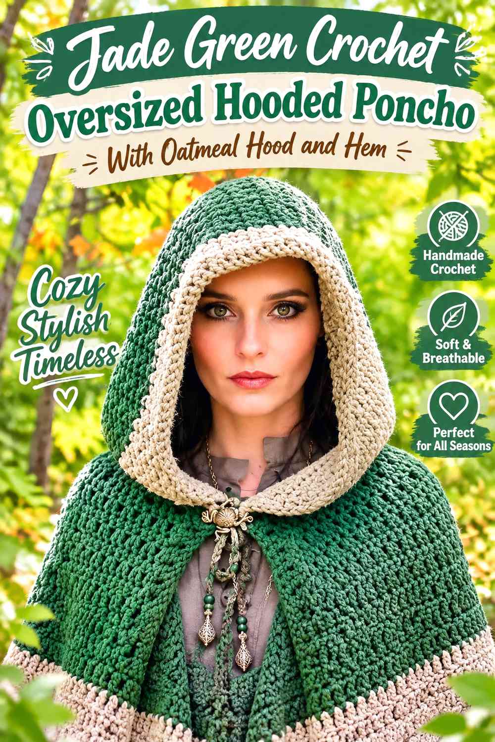 Jade Green Crochet Oversized Hooded Poncho With Oatmeal Hood and Hem