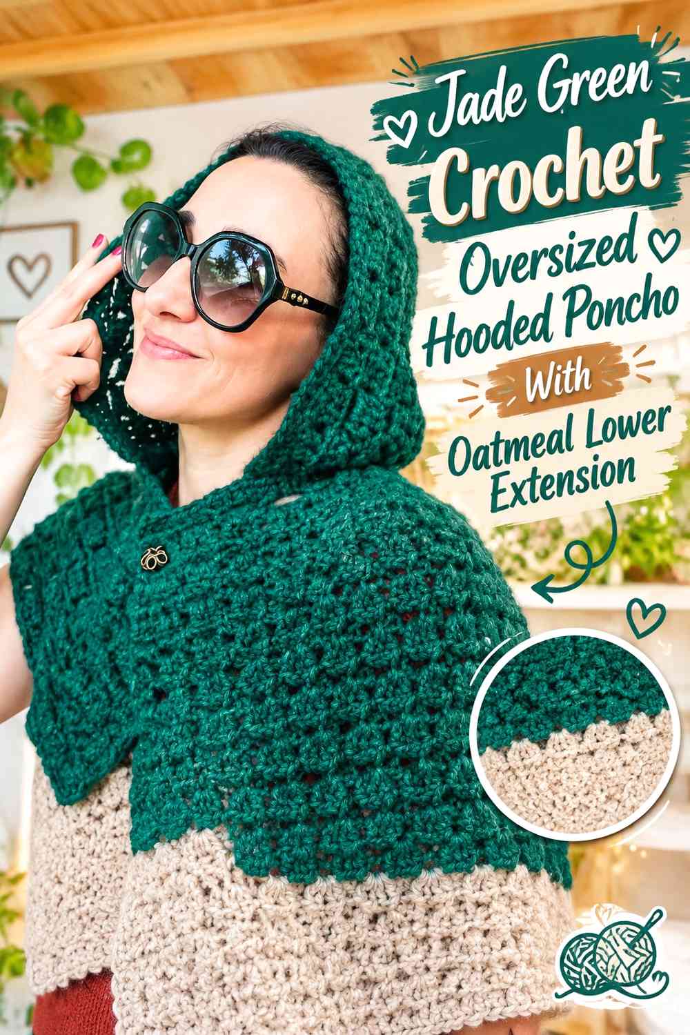 Jade Green Crochet Oversized Hooded Poncho With Oatmeal Lower Extension