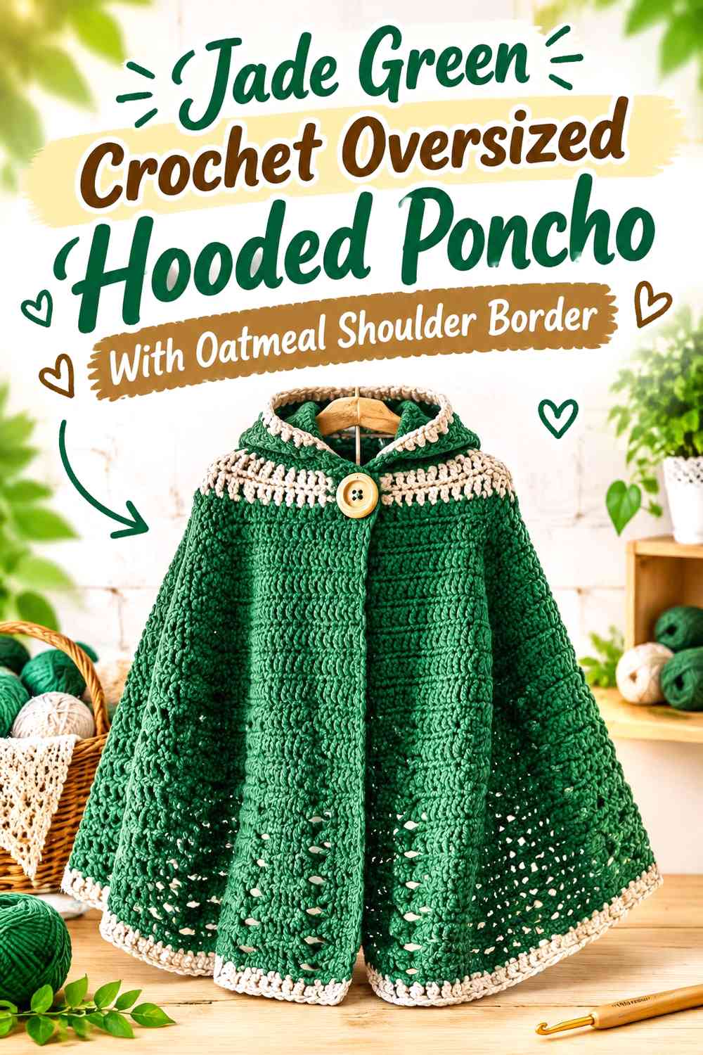 Jade Green Crochet Oversized Hooded Poncho With Oatmeal Shoulder Border