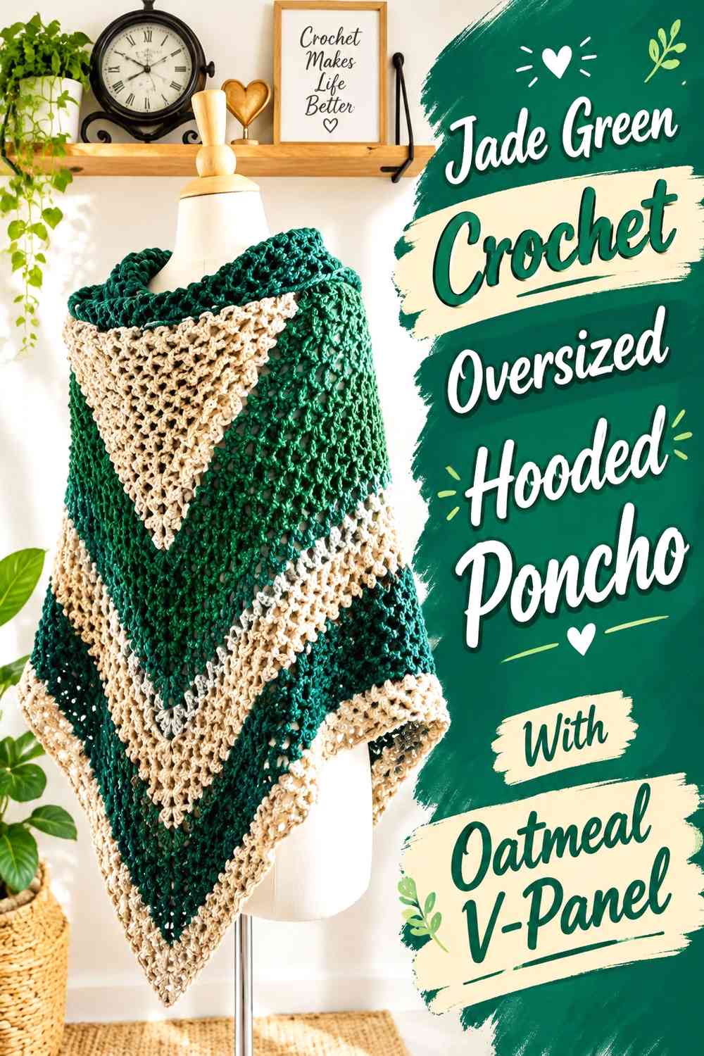 Jade Green Crochet Oversized Hooded Poncho With Oatmeal V-Panel