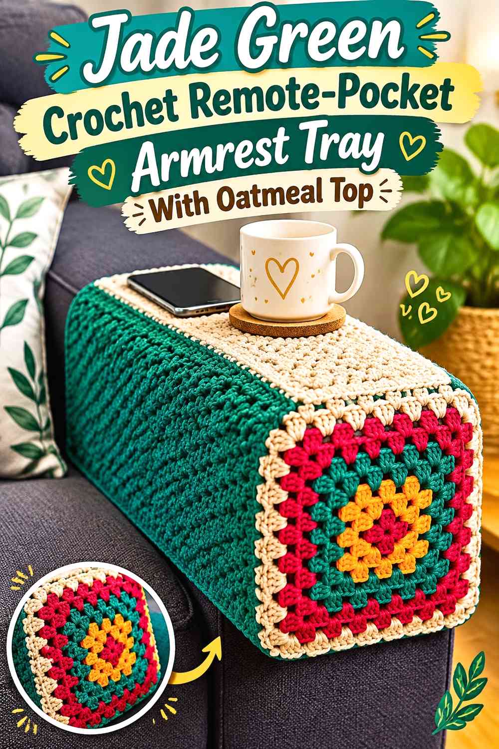Jade Green Crochet Remote-Pocket Armrest Tray With Oatmeal Top