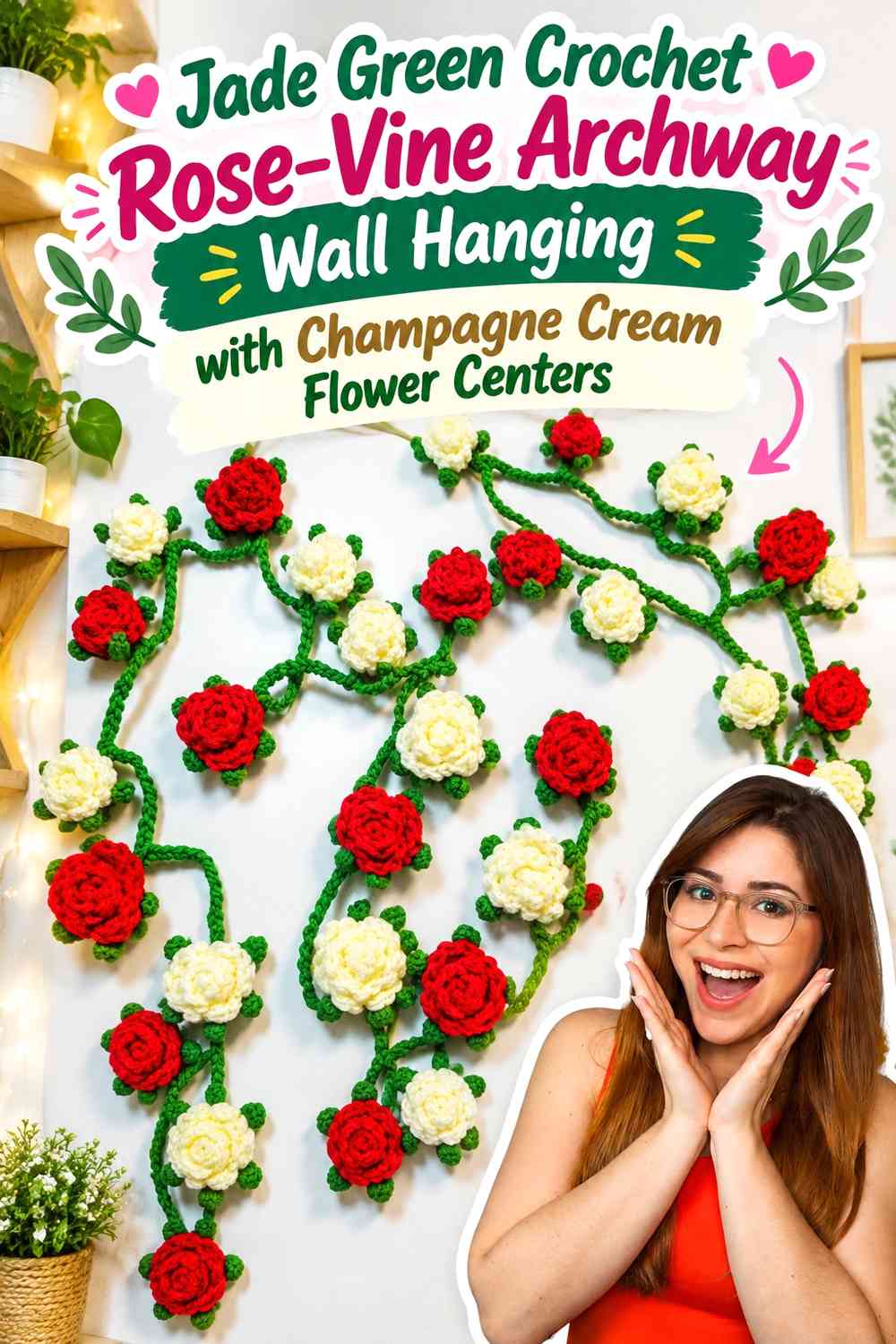 Jade Green Crochet Rose-Vine Archway Wall Hanging with Champagne Cream Flower Centers