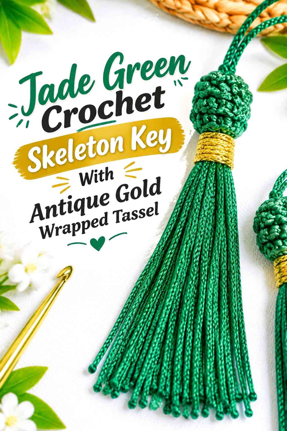 Jade Green Crochet Skeleton Key With Antique Gold Wrapped Tassel