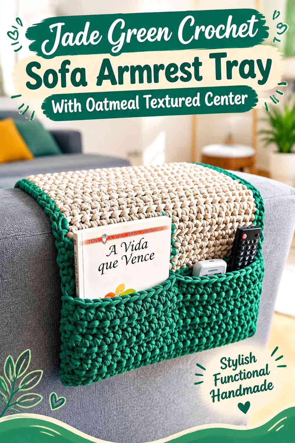 Jade Green Crochet Sofa Armrest Tray With Oatmeal Textured Center