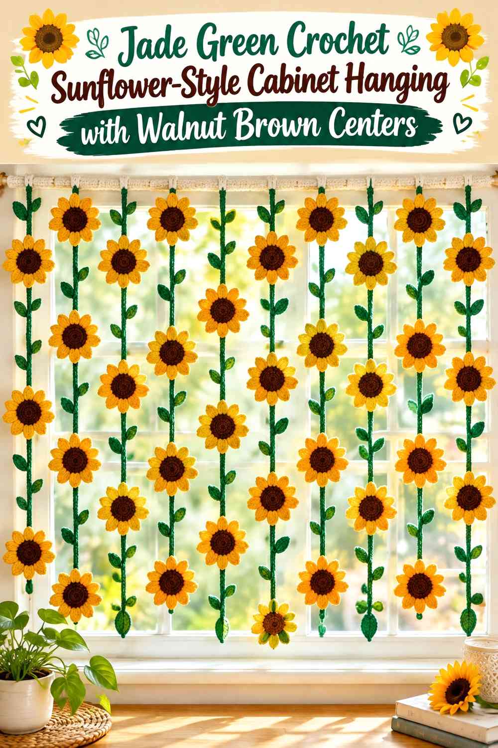Jade Green Crochet Sunflower-Style Cabinet Hanging with Walnut Brown Centers