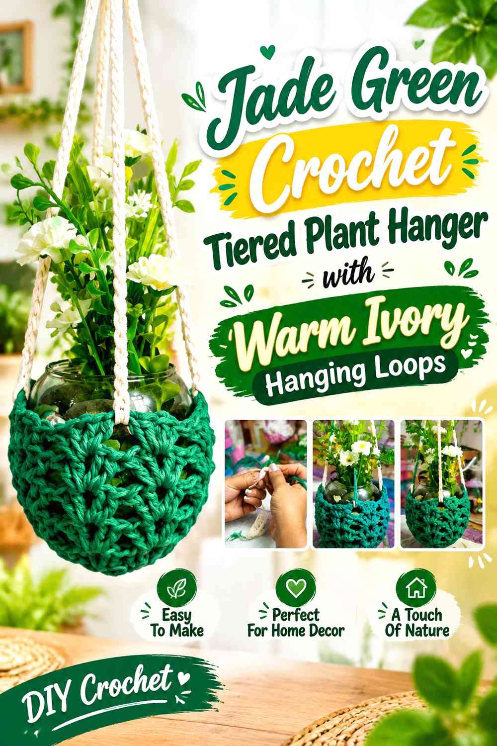 Jade Green Crochet Tiered Plant Hanger with Warm Ivory Hanging Loops