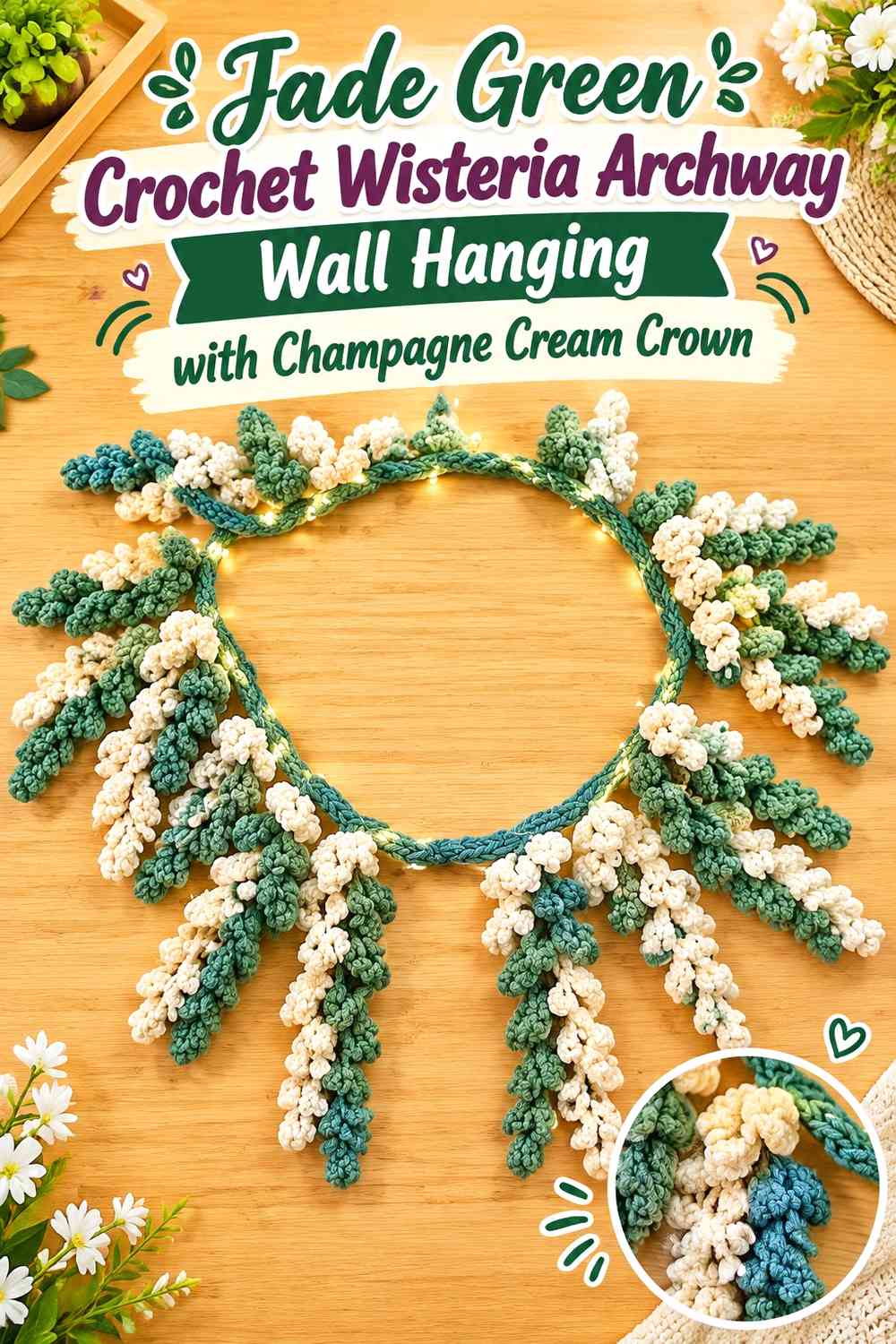 Jade Green Crochet Wisteria Archway Wall Hanging with Champagne Cream Crown
