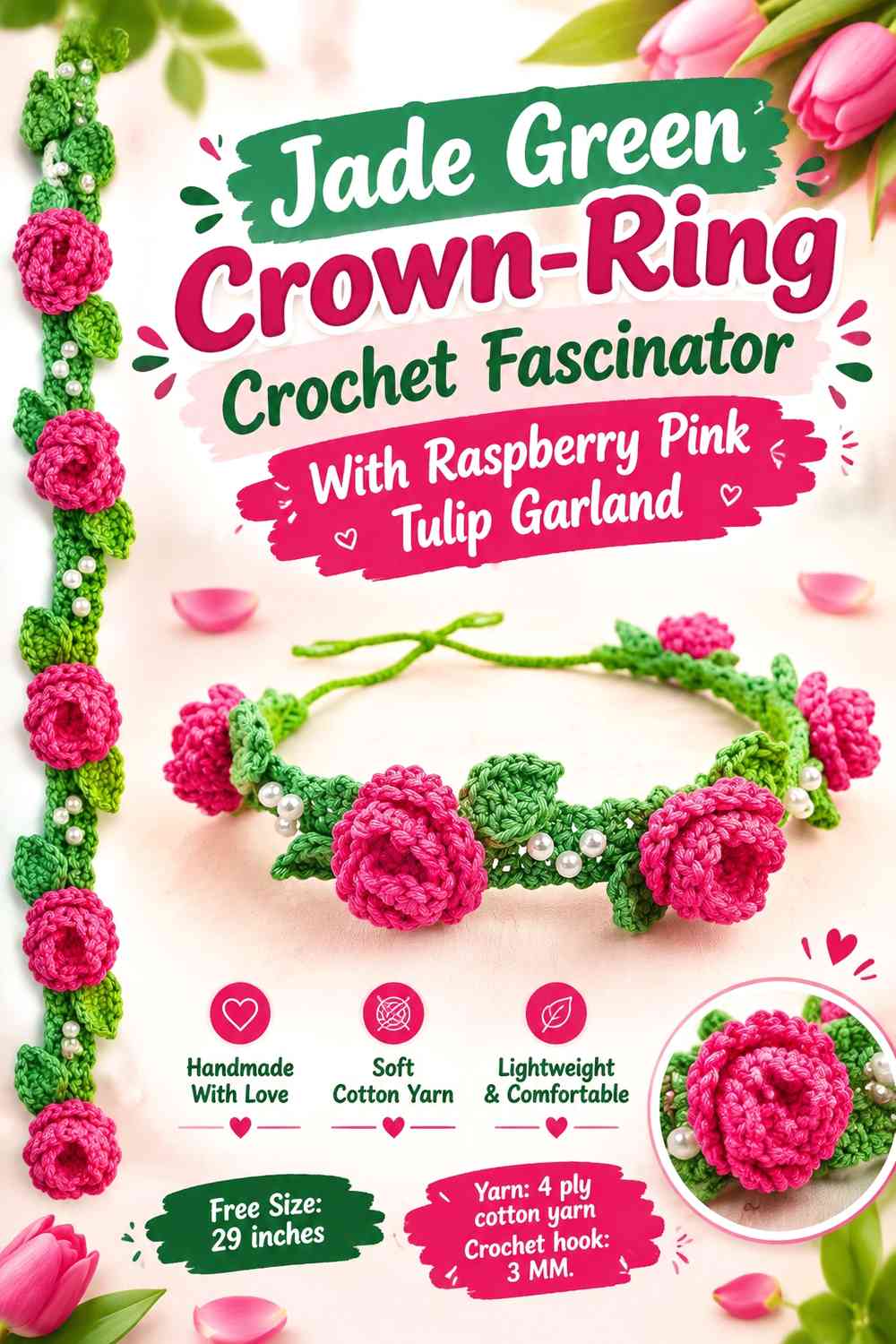 Jade Green Crown-Ring Crochet Fascinator With Raspberry Pink Tulip Garland