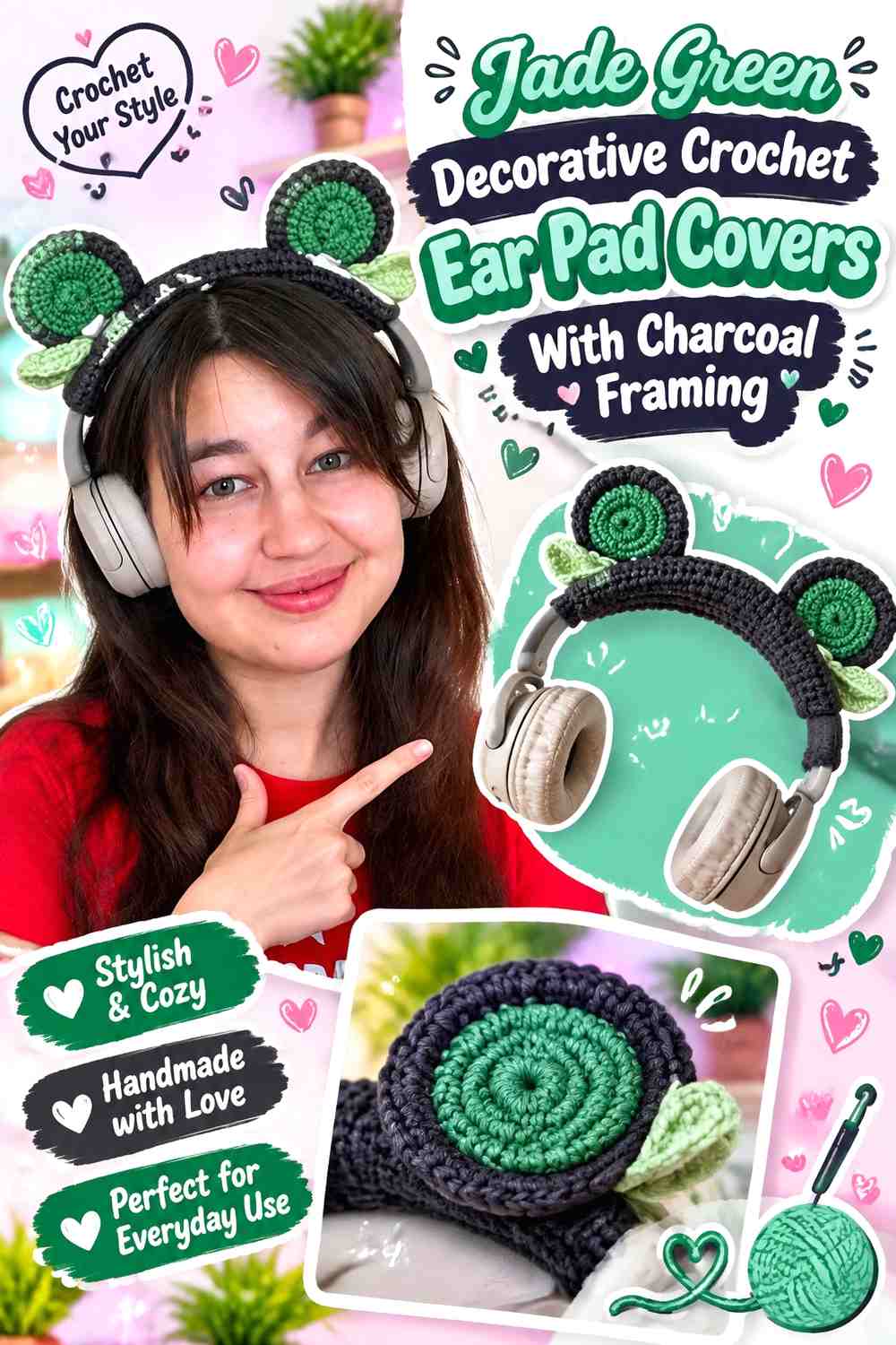 Jade Green Decorative Crochet Ear Pad Covers With Charcoal Framing