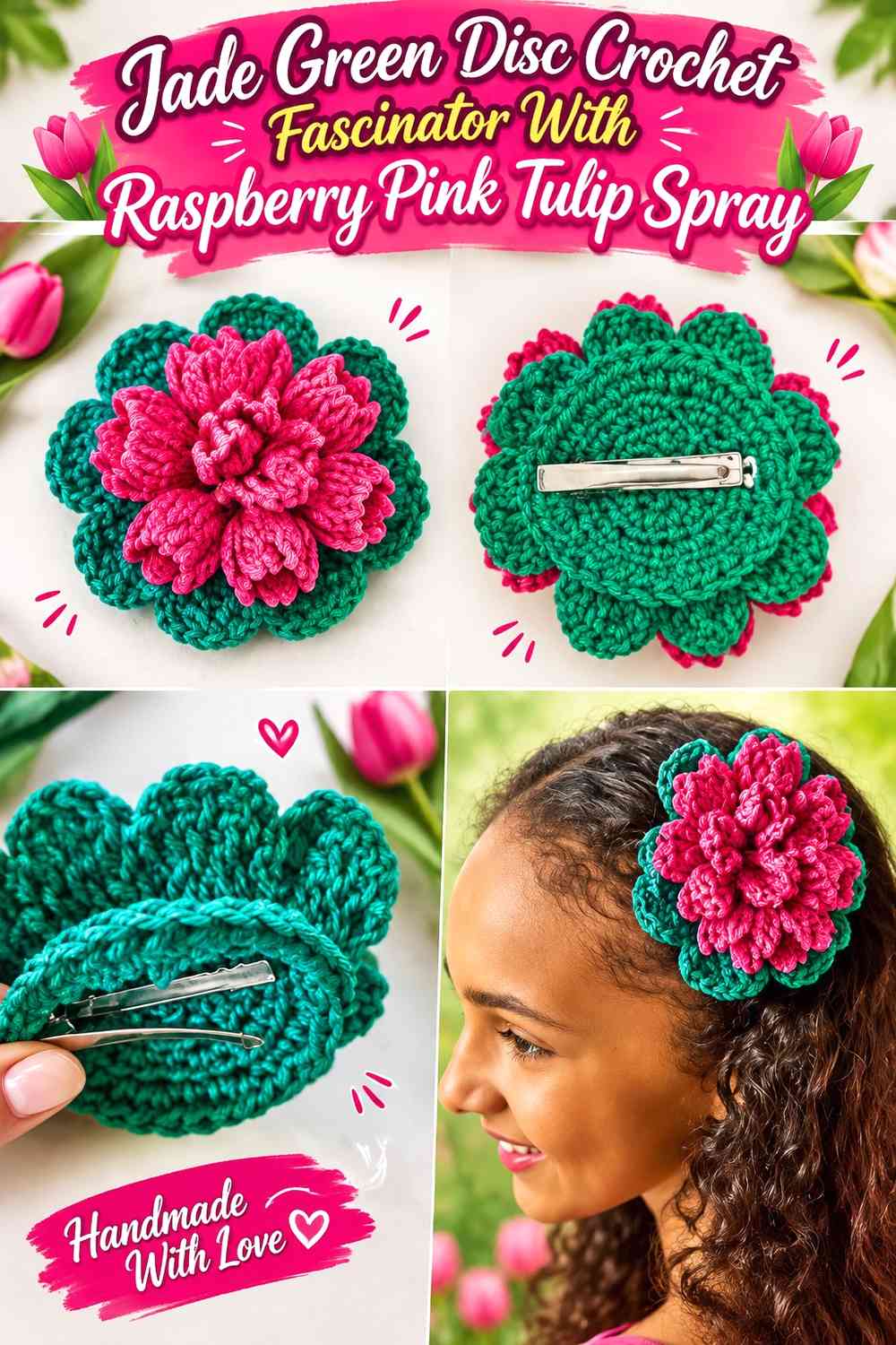 Jade Green Disc Crochet Fascinator With Raspberry Pink Tulip Spray